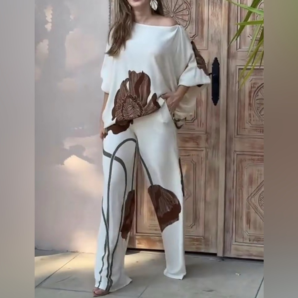 Elegant White and Brown Floral pants set - Picture 2 of 5